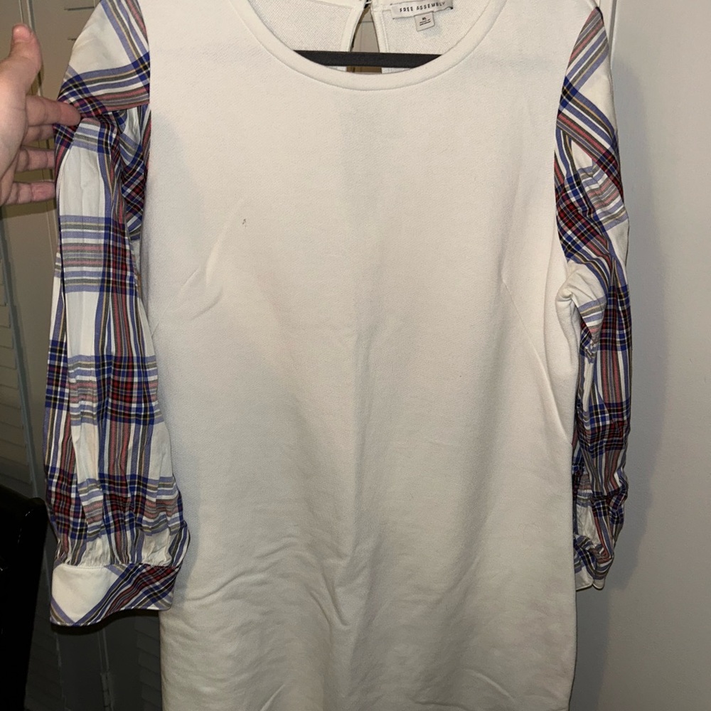Free Assembly Cream Dress with Plaid Sleeves